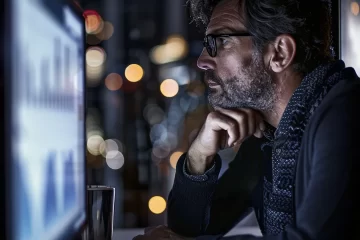a sleek, modern office backdrop showcases a focused entrepreneur deep in thought as they analyze data on a high-resolution screen, illuminated by subtle, ambient lighting that highlights their determination and innovation.