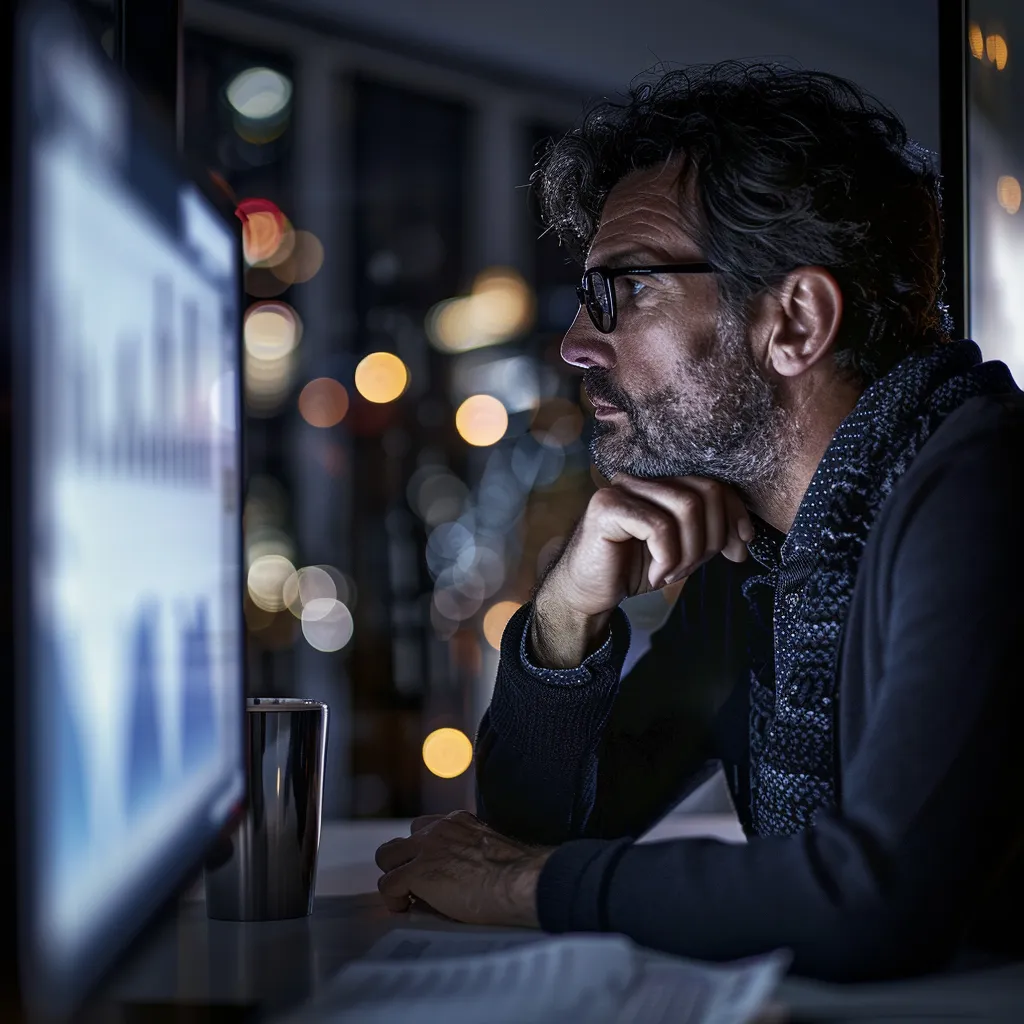 a sleek, modern office backdrop showcases a focused entrepreneur deep in thought as they analyze data on a high-resolution screen, illuminated by subtle, ambient lighting that highlights their determination and innovation.