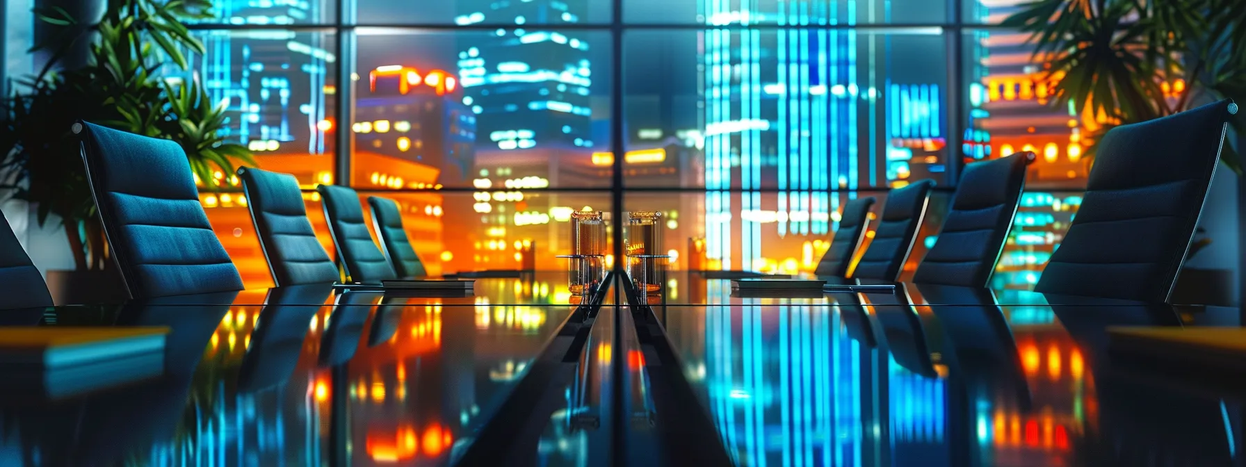 a sleek, modern office bathed in soft artificial light showcases an elegant conference room, featuring a glossy black table surrounded by ergonomic chairs, with a large digital screen displaying vibrant business analytics in the background.