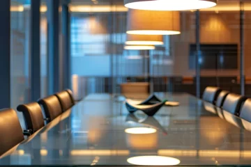a sleek, modern office space features a large glass conference table surrounded by stylish, ergonomic chairs, illuminated by the warm glow of overhead led lights, emphasizing a collaborative and innovative business atmosphere.
