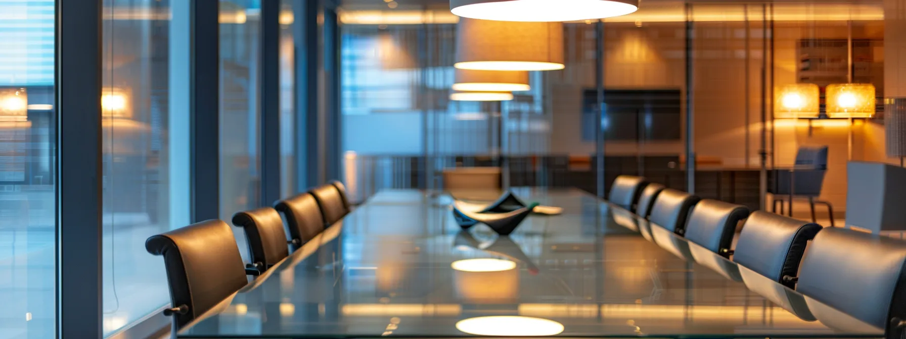 a sleek, modern office space features a large glass conference table surrounded by stylish, ergonomic chairs, illuminated by the warm glow of overhead led lights, emphasizing a collaborative and innovative business atmosphere.