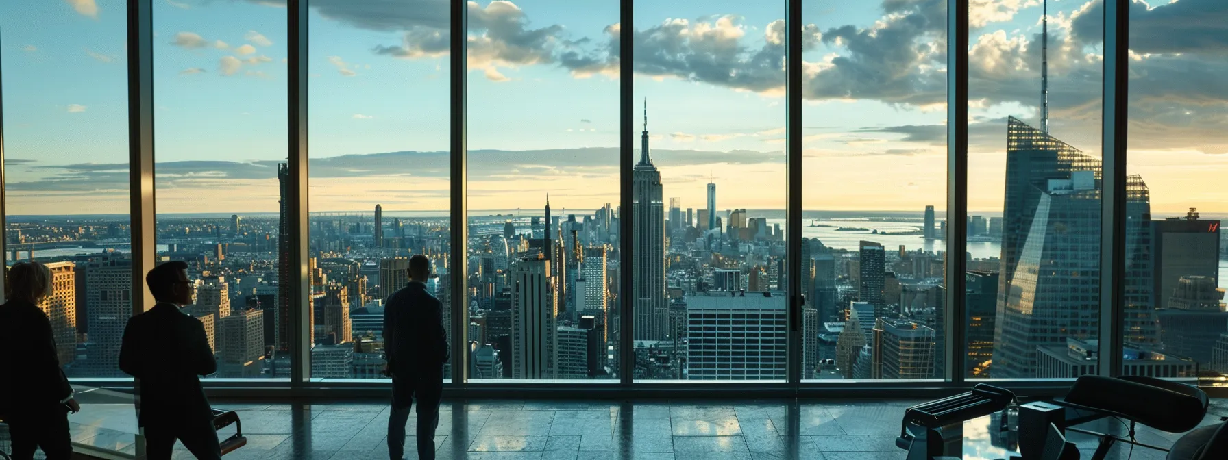 a sleek, modern office space with large glass windows reveals a bustling cityscape, where professionals engage in dynamic discussions over cutting-edge technology and vibrant digital displays, emphasizing innovation and collaboration.