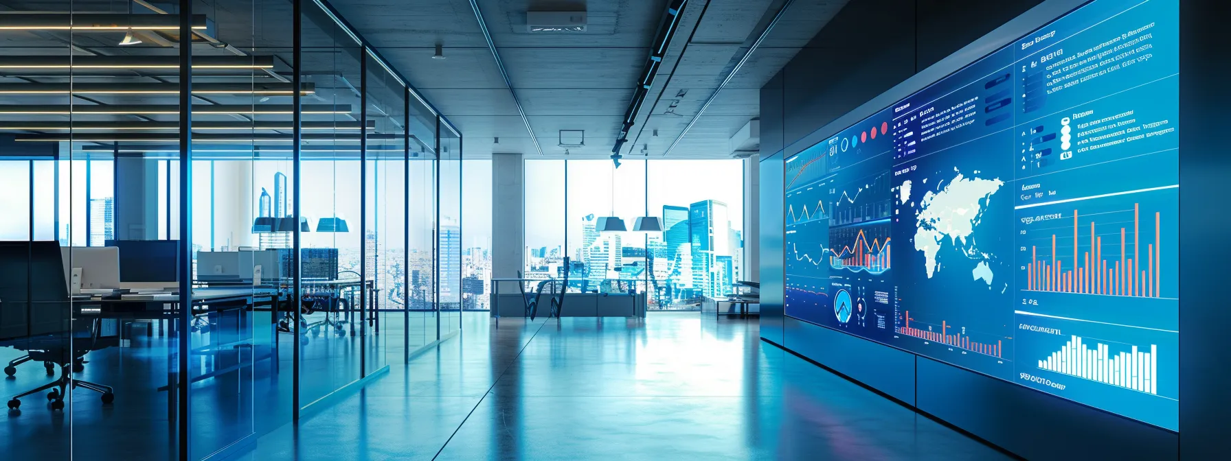 a sleek, modern office space is illuminated by vibrant led screens displaying dynamic data visualizations, showcasing cutting-edge technology and innovation at the forefront of business strategy.
