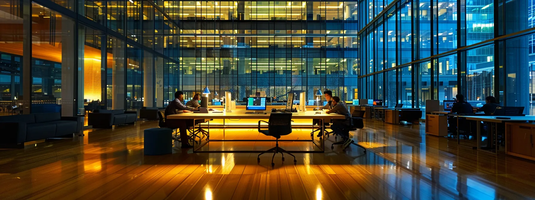 a sleek, modern office with large glass windows reveals a dynamic team engaged in a spirited brainstorming session around a high-tech conference table, brightly illuminated by ambient lighting that enhances the vibrant atmosphere of collaboration and innovation.