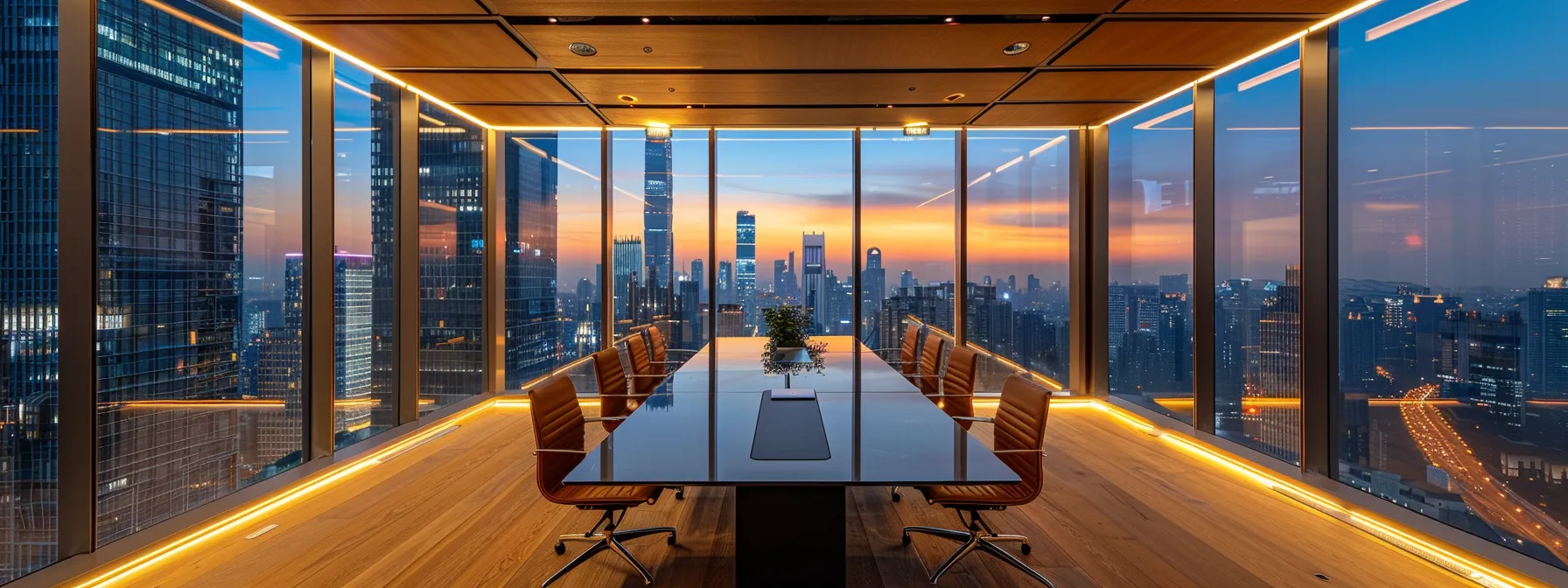 a sleek, modern office space features a polished conference table surrounded by high-backed ergonomic chairs, with large glass windows revealing a bustling city skyline, all illuminated by the warm glow of ambient lighting.