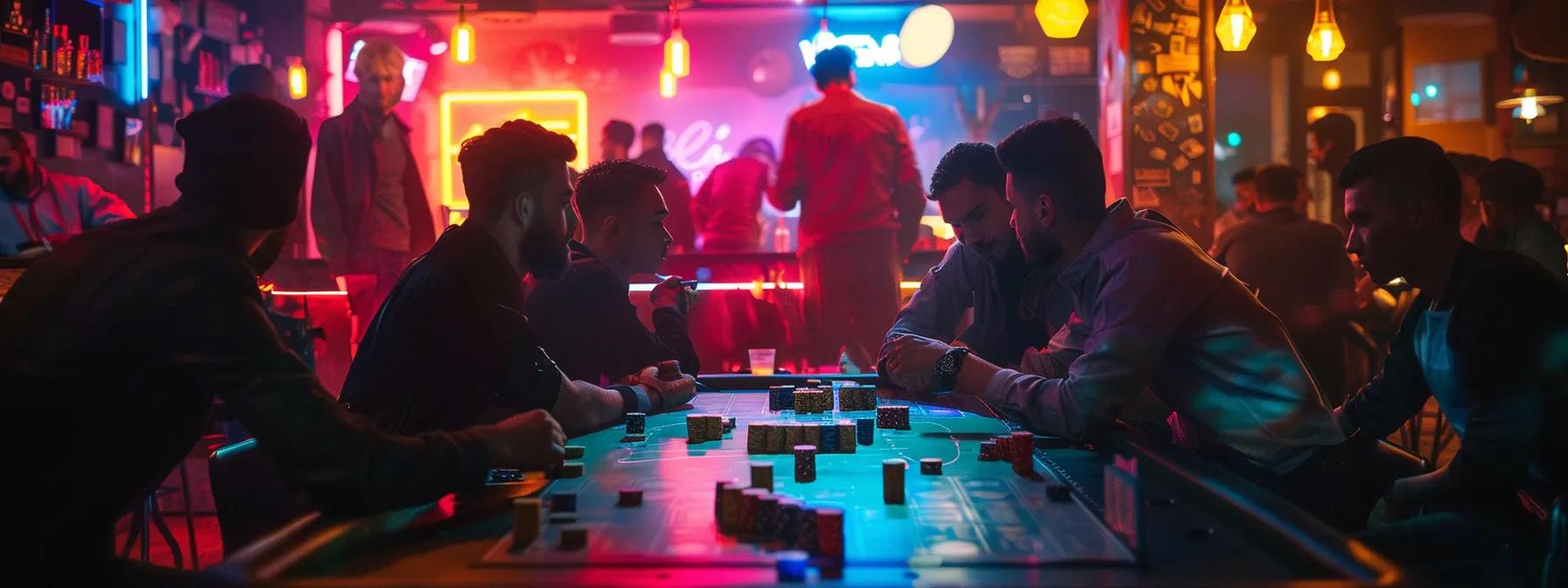 a dimly lit urban lounge filled with players intensely engaged in a strategic spy game, their expressions focused and tense as they discreetly strategize and execute covert missions amidst a backdrop of dramatic shadows and vibrant neon lighting. a dimly lit urban lounge filled with players intensely engaged in a strategic spy game, their expressions focused and tense as they discreetly strategize and execute covert missions amidst a backdrop of dramatic shadows and vibrant neon lighting.