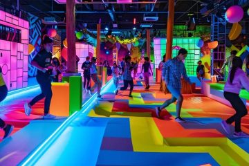 a dynamic indoor scene captures contestants energetically navigating a vibrant obstacle course filled with whimsical challenges and laughter, as colorful decorations and enthusiastic spectators amplify the excitement of the running man games.