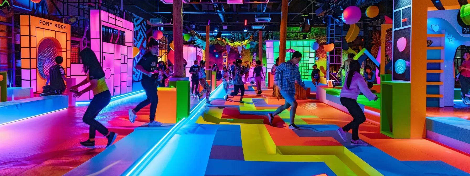 a dynamic indoor scene captures contestants energetically navigating a vibrant obstacle course filled with whimsical challenges and laughter, as colorful decorations and enthusiastic spectators amplify the excitement of the running man games.