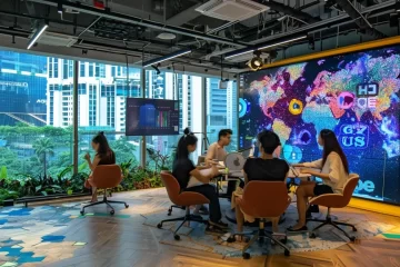 a dynamic urban office setting showcases a diverse team collaborating passionately over a vibrant csr project board, symbolizing innovative social change in singapore.