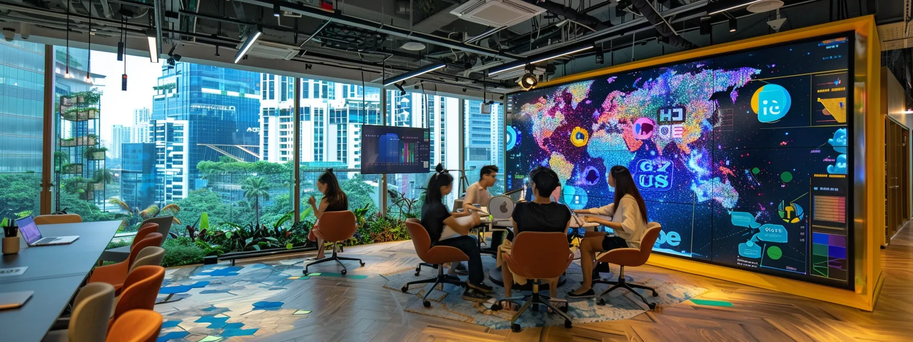 a dynamic urban office setting showcases a diverse team collaborating passionately over a vibrant csr project board, symbolizing innovative social change in singapore.