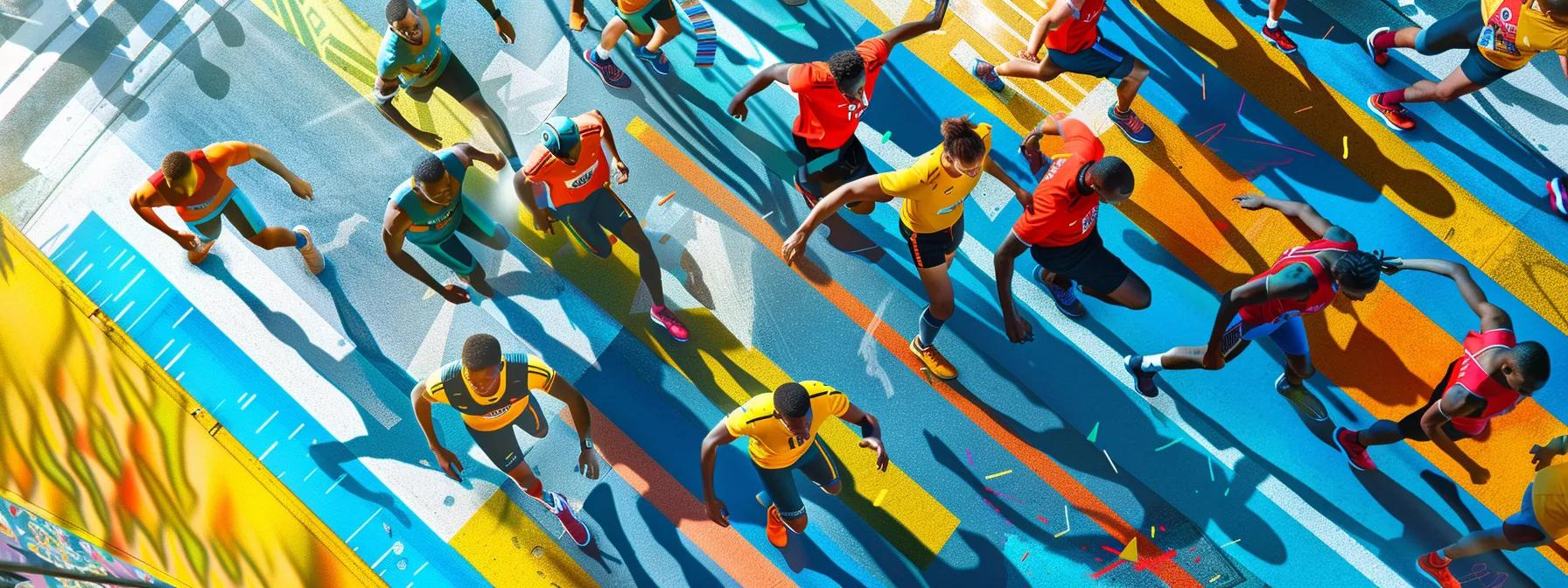 a dynamic urban setting captures teams of players in vibrant athletic gear engaging in exciting challenges, racing through a colorful cityscape marked by designated start and finish lines, with an air of competition and strategy visible on their focused faces. a dynamic urban setting captures teams of players in vibrant athletic gear engaging in exciting challenges, racing through a colorful cityscape marked by designated start and finish lines, with an air of competition and strategy visible on their focused faces.