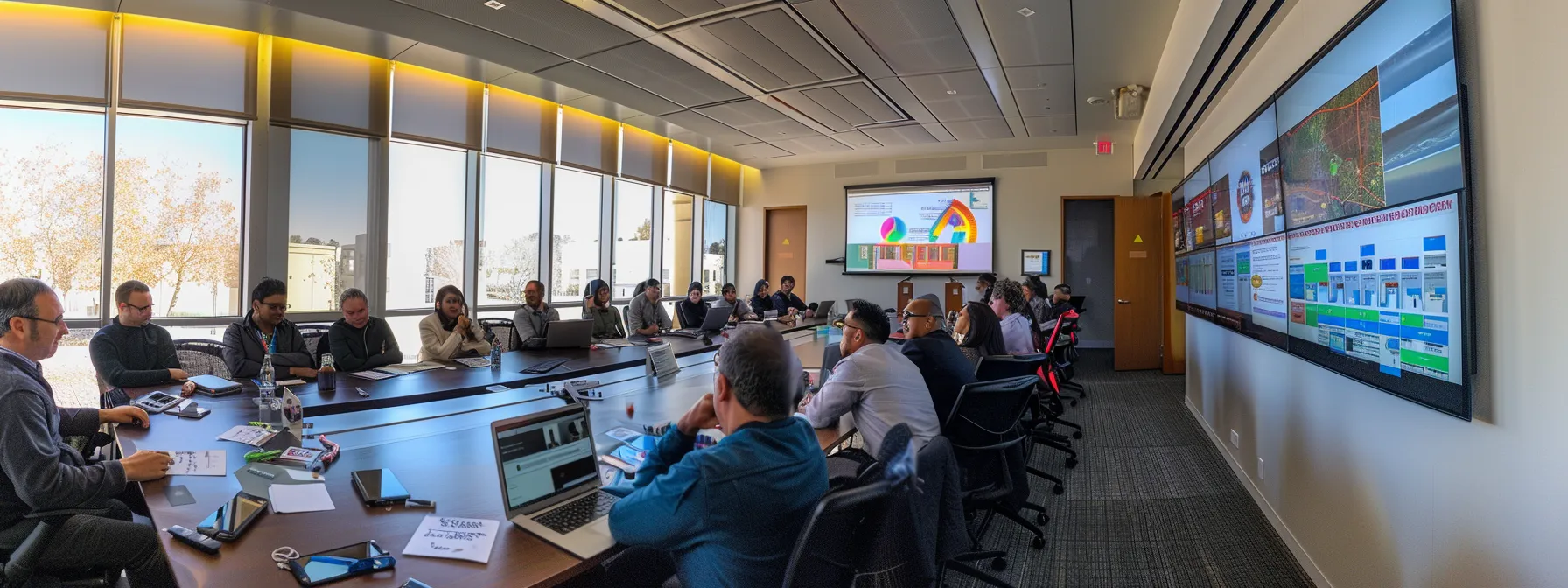 a vibrant corporate team gathered around a large conference table, engaged in a lively discussion as they analyze feedback and results from their recent outdoor scavenger hunt, with colorful charts and surveys spread across the table, reflecting the dynamic and collaborative spirit of team building. a vibrant corporate team gathered around a large conference table, engaged in a lively discussion as they analyze feedback and results from their recent outdoor scavenger hunt, with colorful charts and surveys spread across the table, reflecting the dynamic and collaborative spirit of team building.