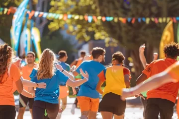 a vibrant team of professionals in athletic attire energetically collaborates at an outdoor scavenger hunt, surrounded by colorful banners and engaging challenge stations, capturing the spirit of teamwork and excitement amidst a lively urban backdrop.