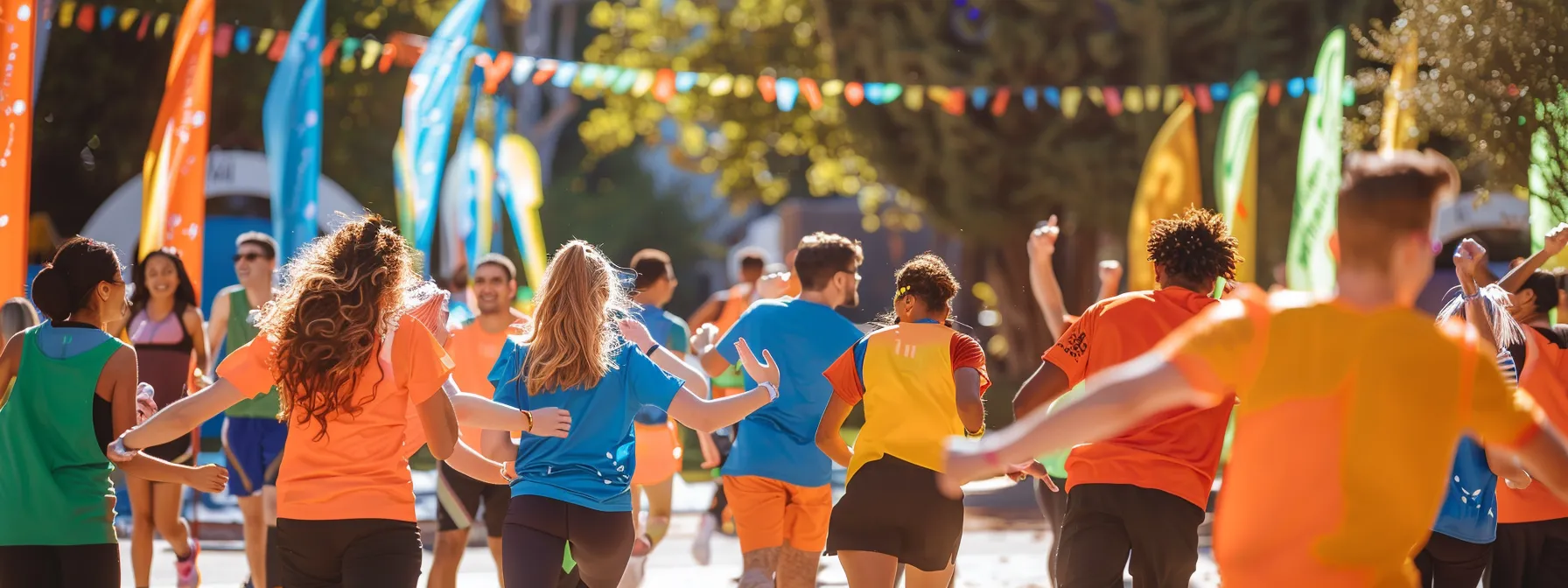 a vibrant team of professionals in athletic attire energetically collaborates at an outdoor scavenger hunt, surrounded by colorful banners and engaging challenge stations, capturing the spirit of teamwork and excitement amidst a lively urban backdrop.