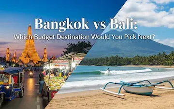 Bangkok vs Bali comparison image highlighting budget destinations for corporate retreats, featuring Bangkok's skyline with temples and Bali's beach scenery.
