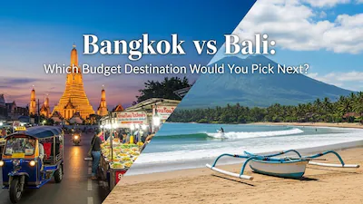 Bangkok cityscape with Wat Arun temple and vibrant street market, contrasted with Bali beach and surf scene, highlighting team building destination options for corporate retreats.