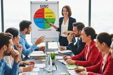 Corporate team participating in a DISC profiling workshop, enhancing communication and collaboration