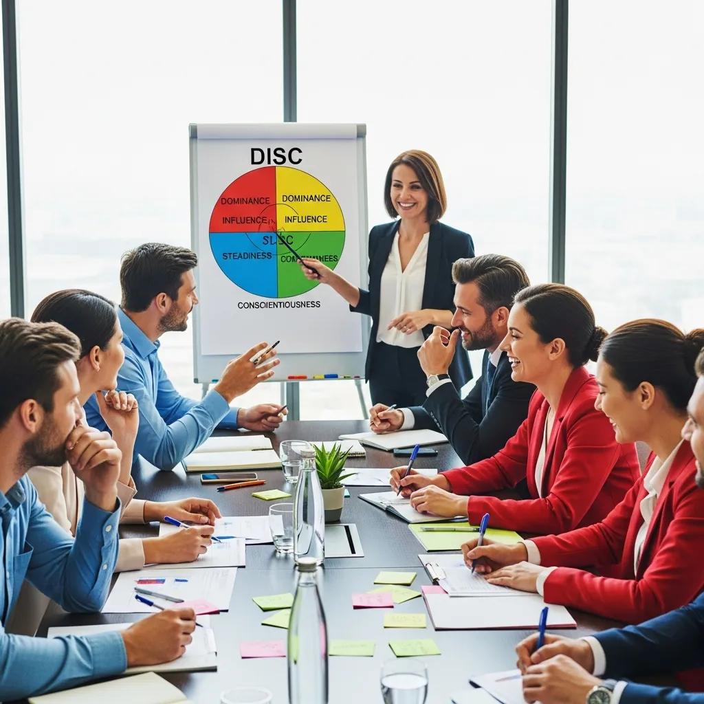 Corporate team participating in a DISC profiling workshop, enhancing communication and collaboration