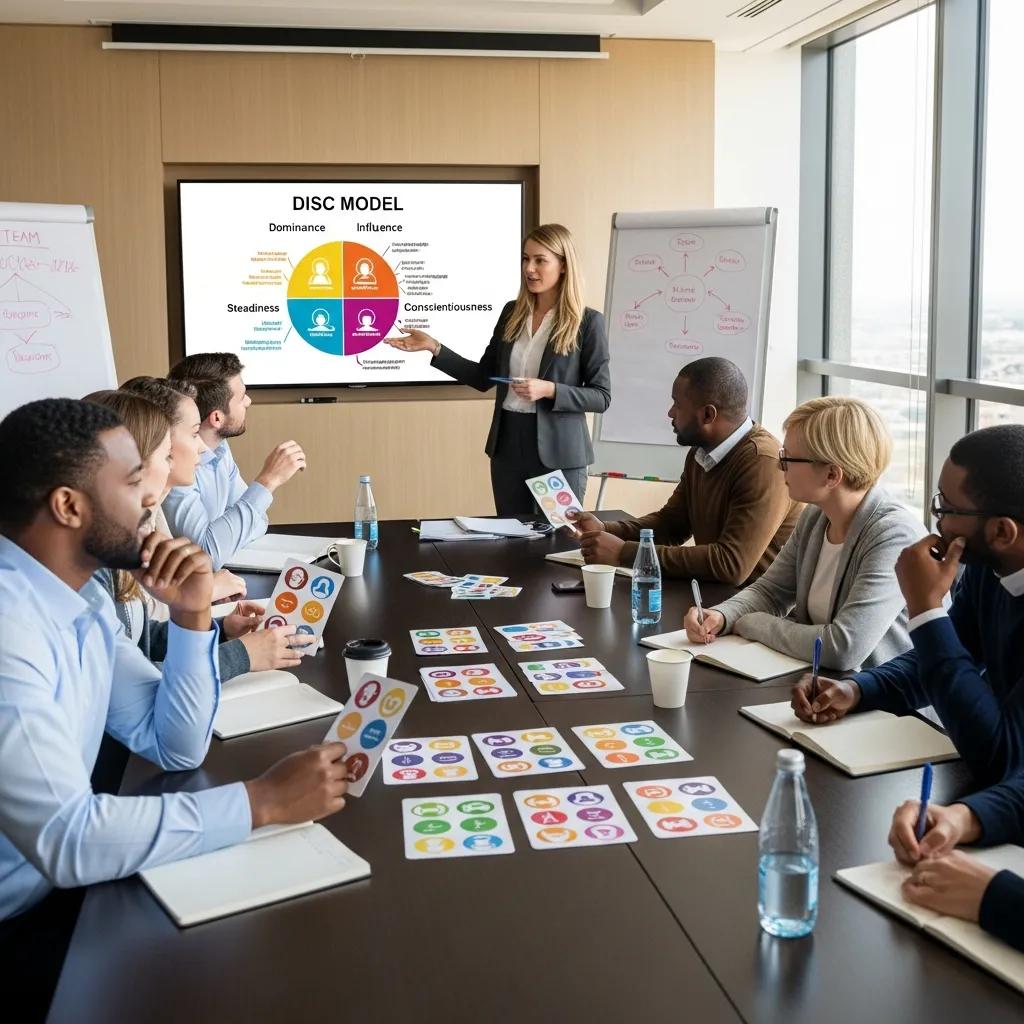 Corporate trainer conducting a DISC profiling workshop, guiding team members through implementation steps