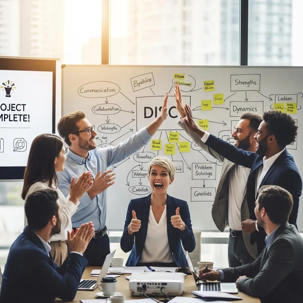 Team celebrating success after implementing DISC profiling, highlighting improved communication and collaboration