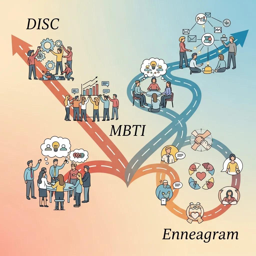 Three distinct paths representing DISC, MBTI, and Enneagram assessments, symbolizing teamwork and collaboration
