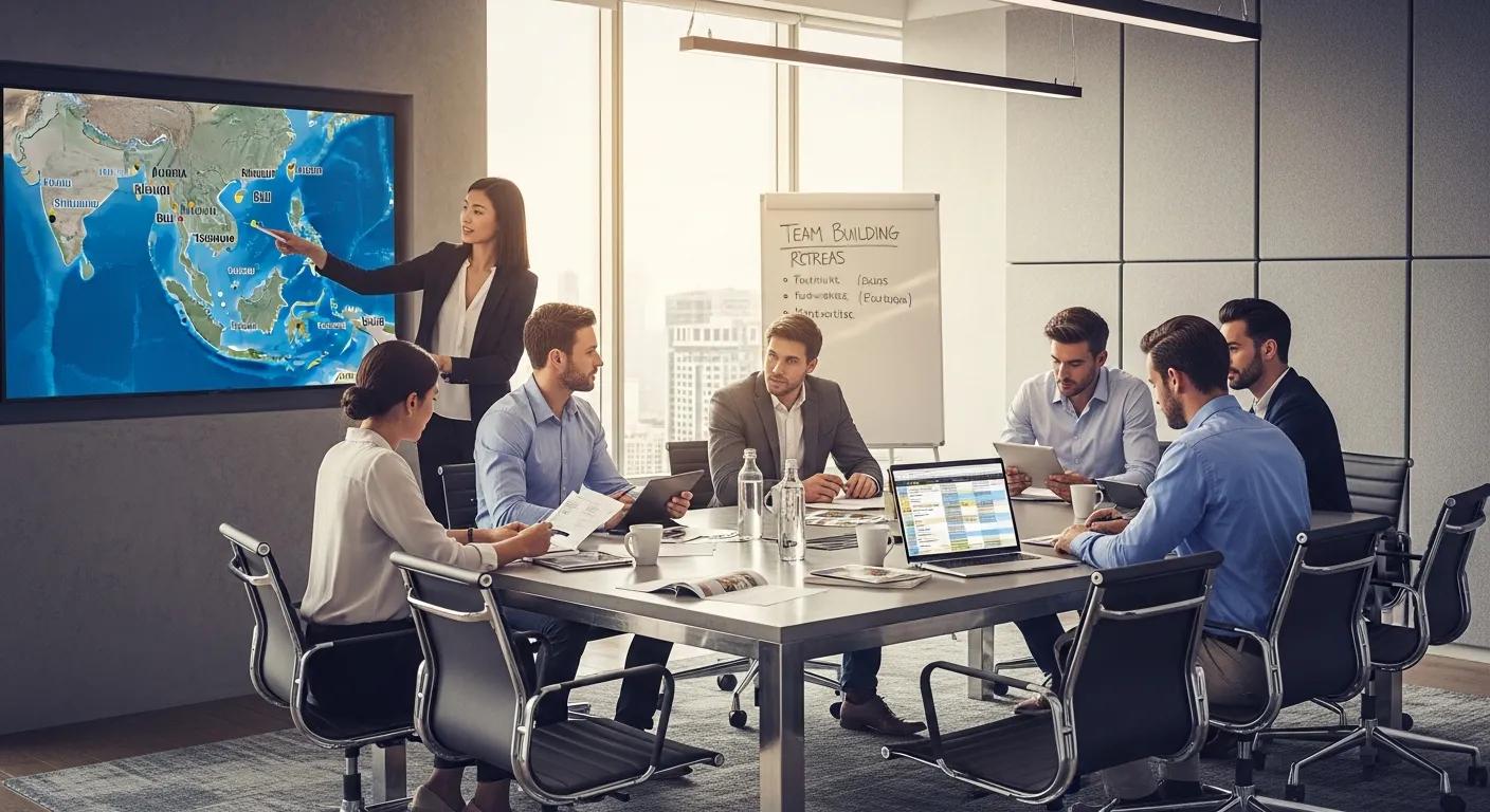 Corporate team planning their overseas team-building retreat in a modern office setting
