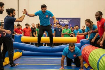 Team members actively participating in an interactive game during an indoor team building event