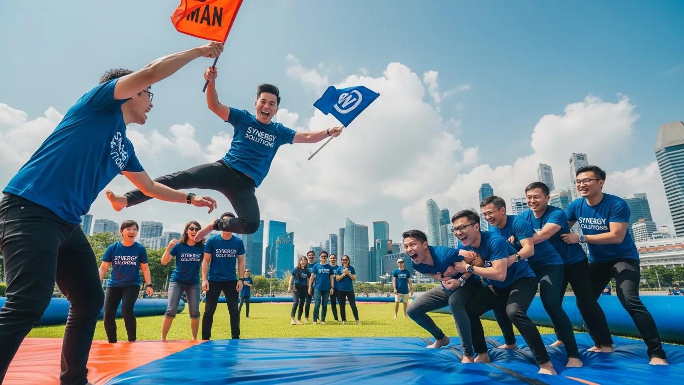 Corporate team engaging in Running Man game show activities in Singapore, showcasing teamwork and excitement
