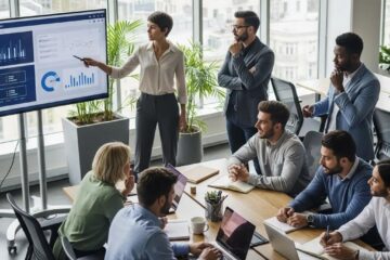 Diverse corporate team collaborating in a modern office, representing DISC personality profiling