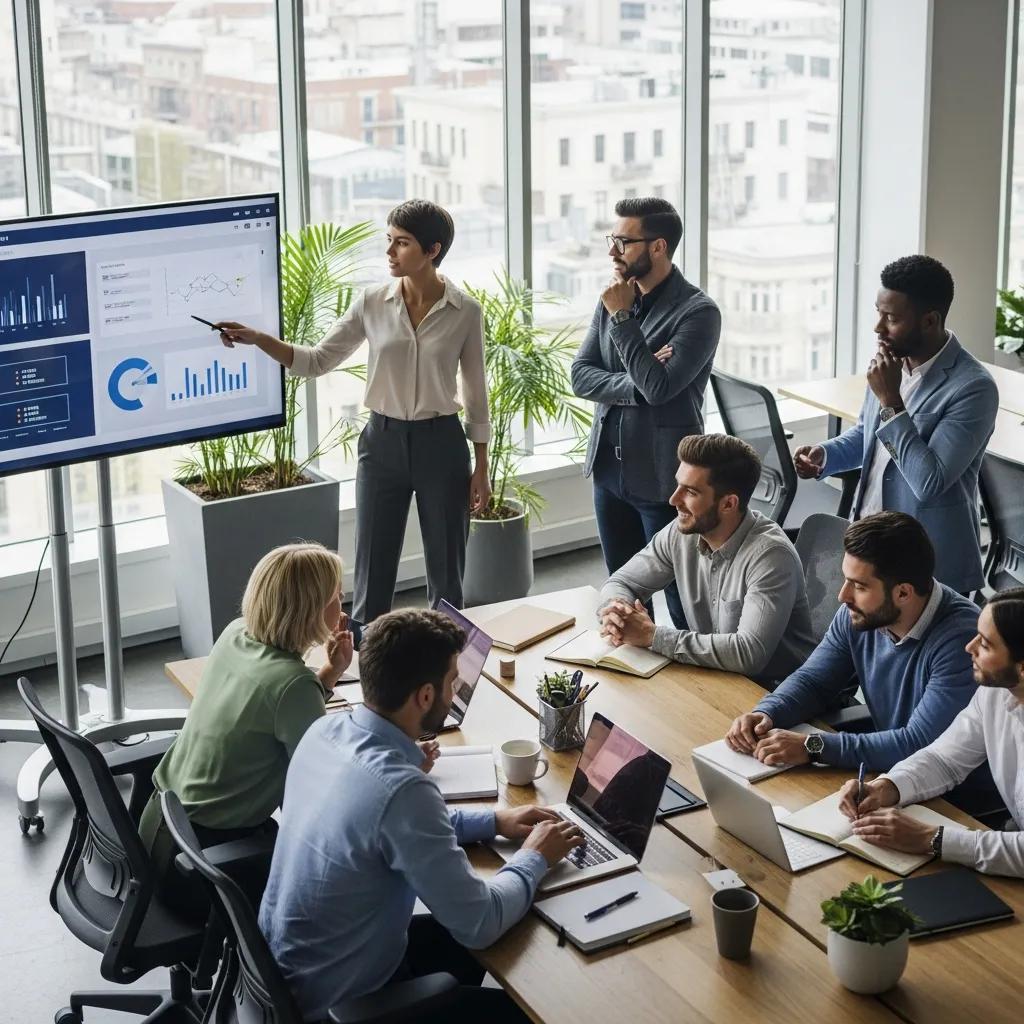 Diverse corporate team collaborating in a modern office, representing DISC personality profiling