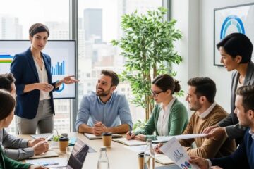 Diverse professionals collaborating in a modern office, representing teamwork and leadership development