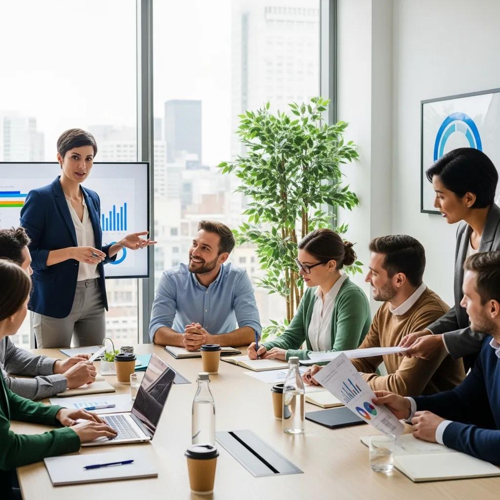 Diverse professionals collaborating in a modern office, representing teamwork and leadership development