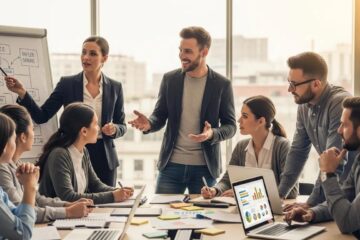 Diverse individuals representing DISC personality types in a collaborative team environment