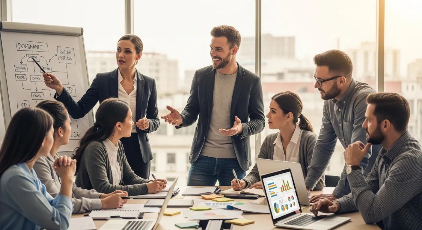 Diverse individuals representing DISC personality types in a collaborative team environment