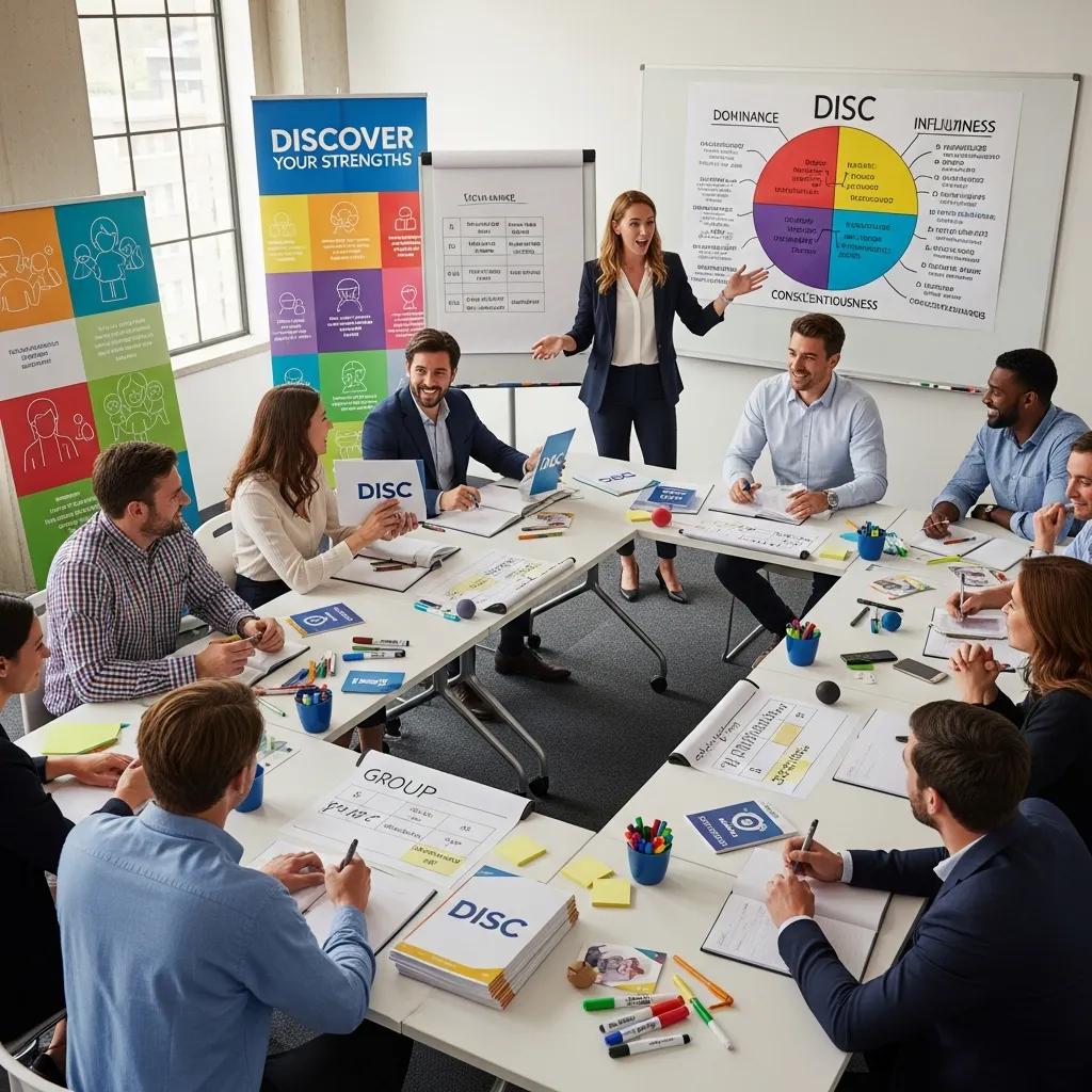Facilitator leading a DISC personality profiling workshop with engaged corporate participants