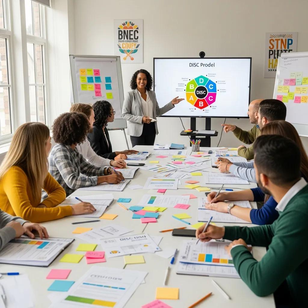 Facilitator leading a DISC profiling workshop with engaged participants discussing insights