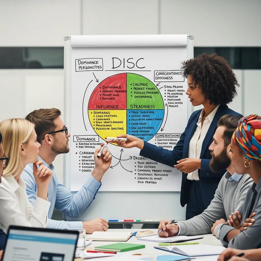 Leader and team members collaborating over a whiteboard illustrating DISC personality types and benefits