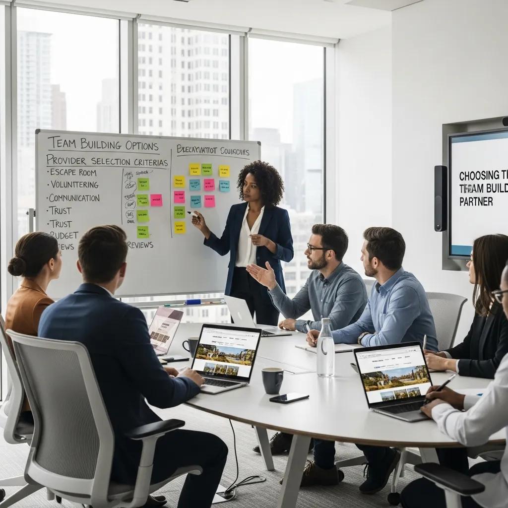 Professional team discussing team-building options in a modern meeting room, highlighting collaboration and decision-making