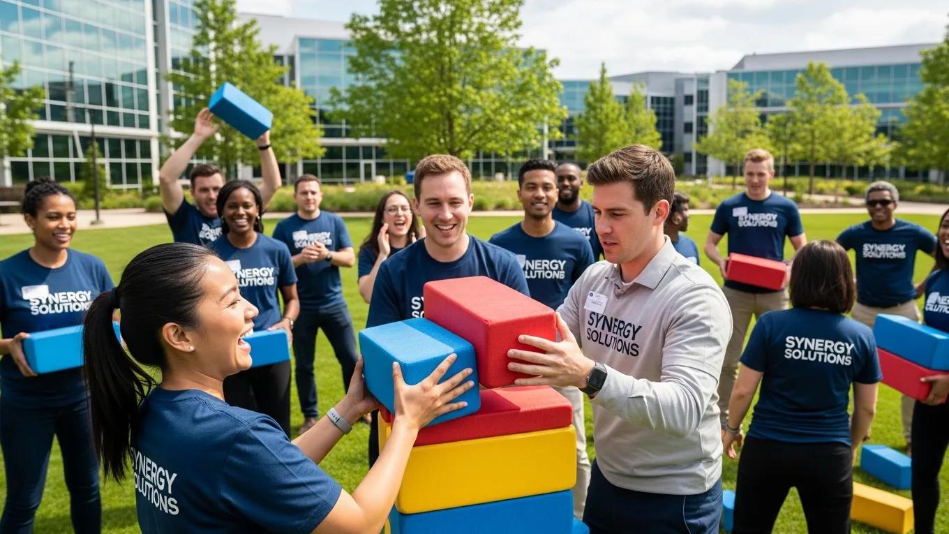 Corporate team members engaged in an outdoor team-building activity, showcasing collaboration and enthusiasm