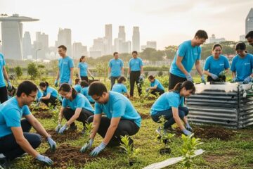 Employees engaging in CSR team building activities in Singapore, showcasing community involvement and teamwork