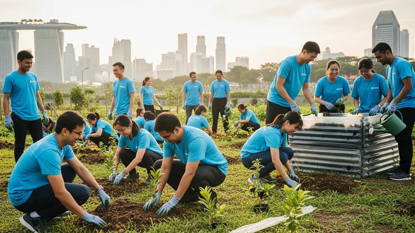 Employees engaging in CSR team building activities in Singapore, showcasing community involvement and teamwork