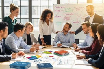 Diverse professionals collaborating in a modern office, focusing on personality assessments for team building