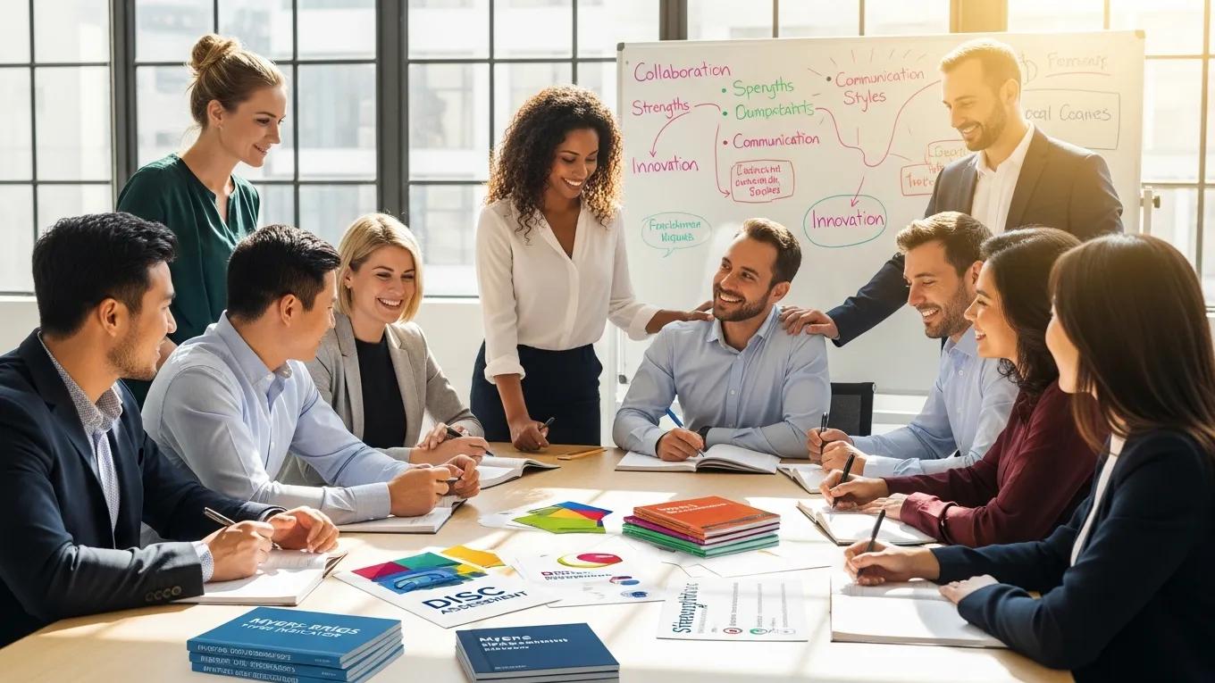 Diverse professionals collaborating in a modern office, focusing on personality assessments for team building