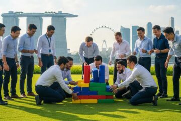 Group of professionals engaging in team building activities in Singapore with skyline backdrop