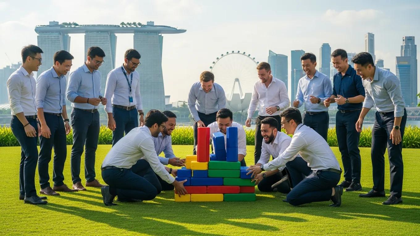Group of professionals engaging in team building activities in Singapore with skyline backdrop