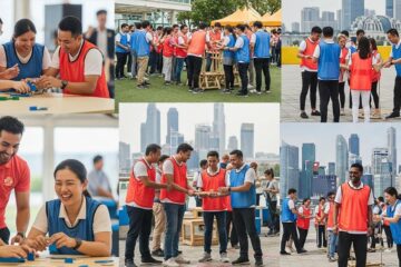 Participants engaged in team building activities for large groups in Singapore, showcasing collaboration and interaction