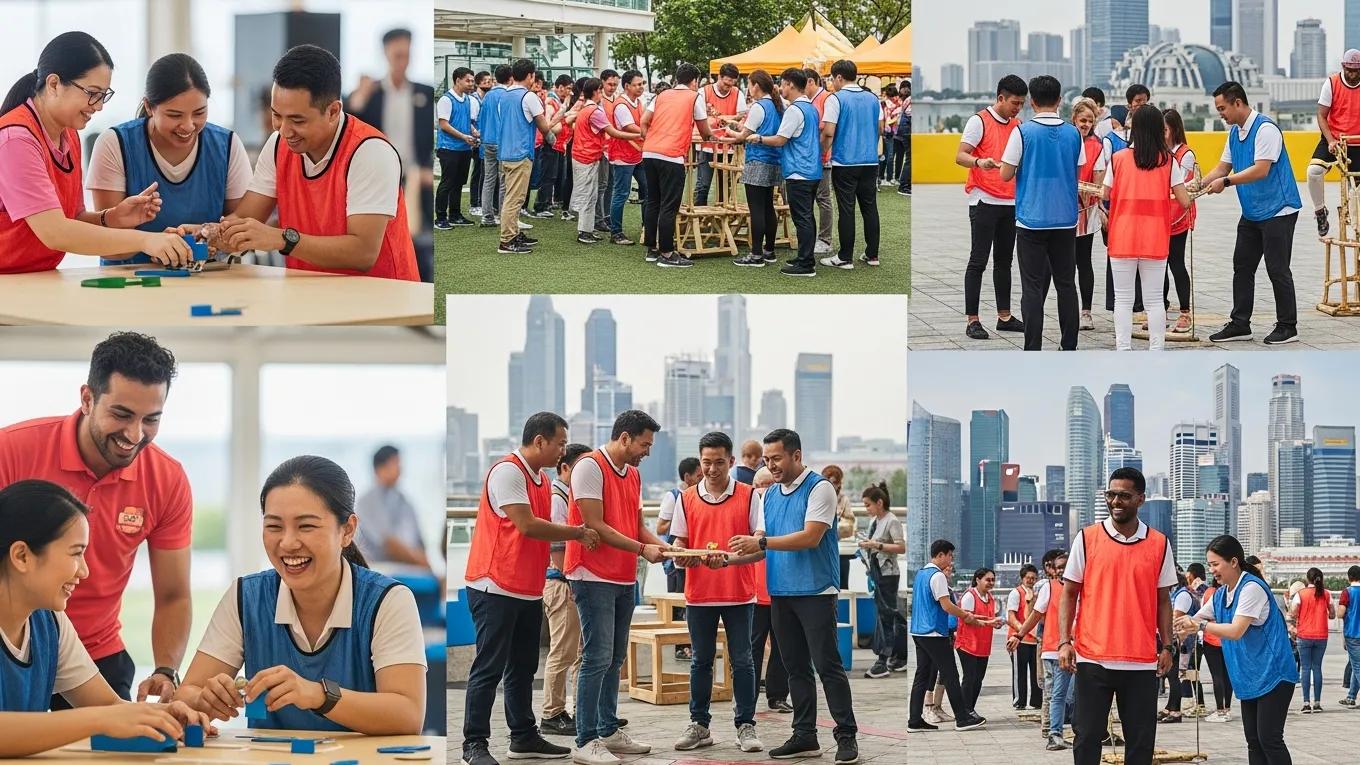 Participants engaged in team building activities for large groups in Singapore, showcasing collaboration and interaction