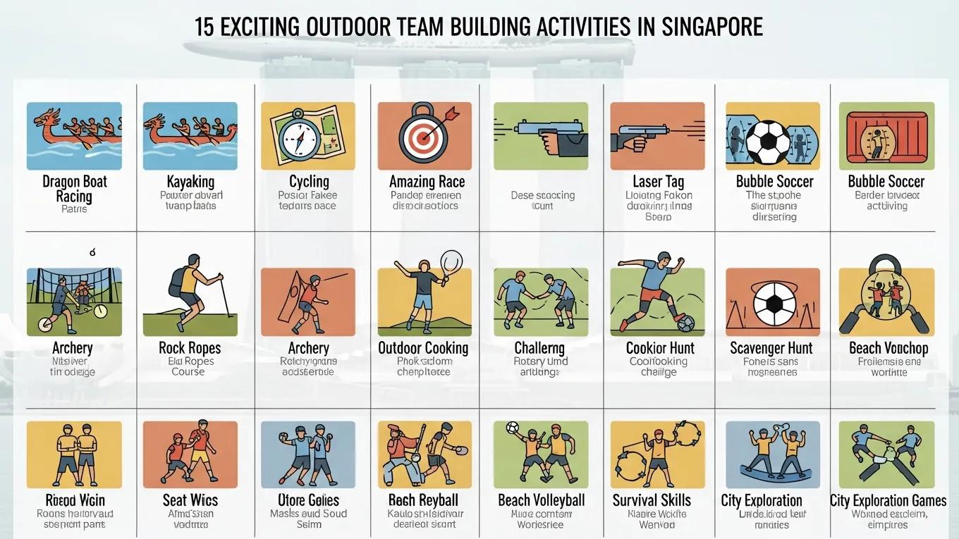 Table of top 15 outdoor team building activities in Singapore