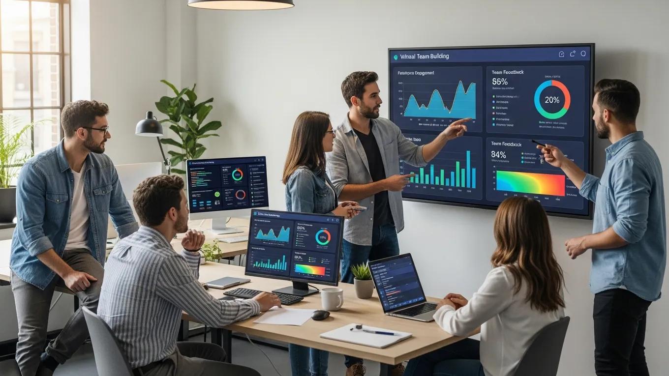 Team analyzing performance metrics from virtual team building activities on a digital dashboard