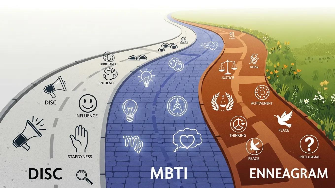 Visual representation of DISC, MBTI, and Enneagram personality assessments, showcasing their unique features